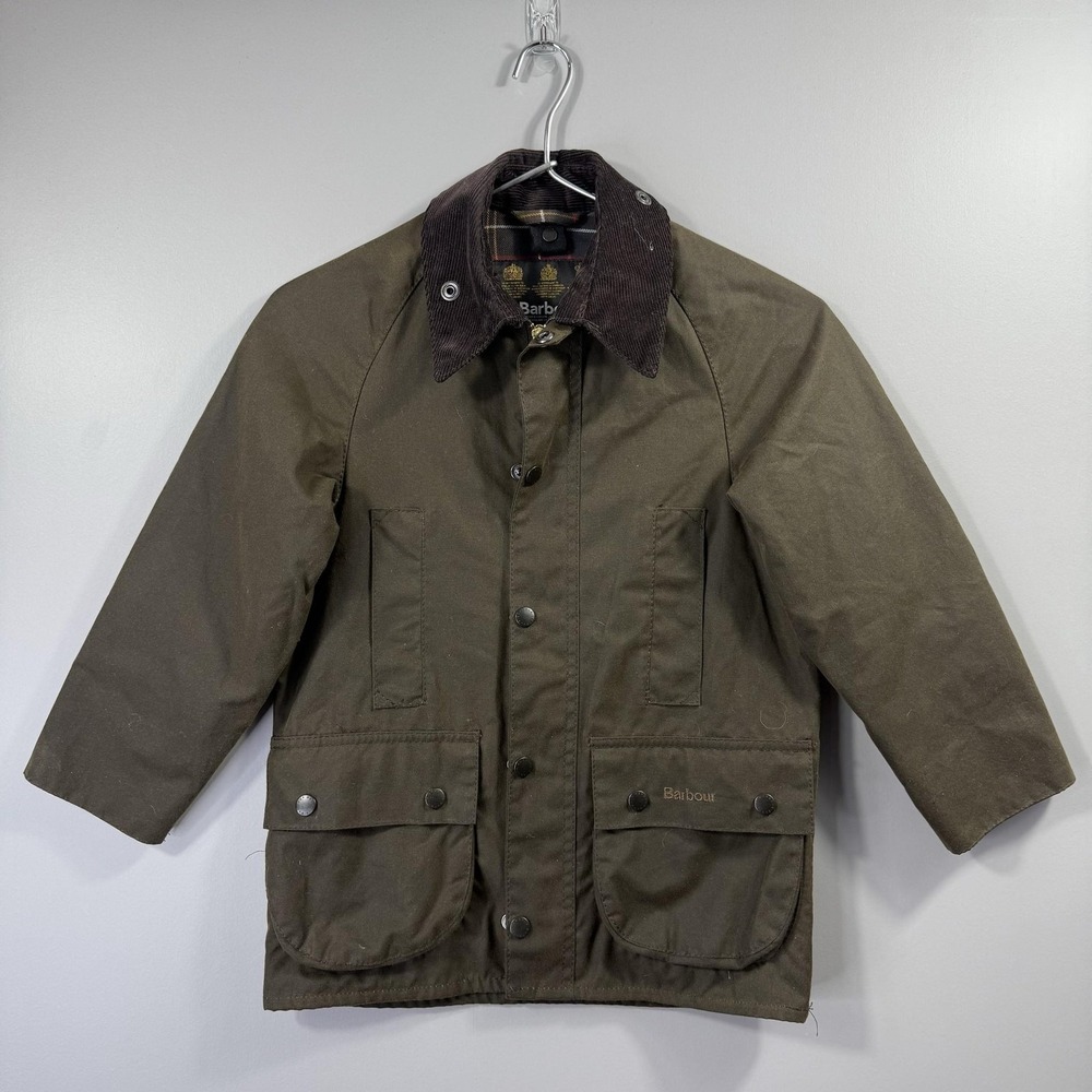 Barbour Jacket Kids 6-7 Green Waxed Cotton Tartan Lined Zip Pockets England